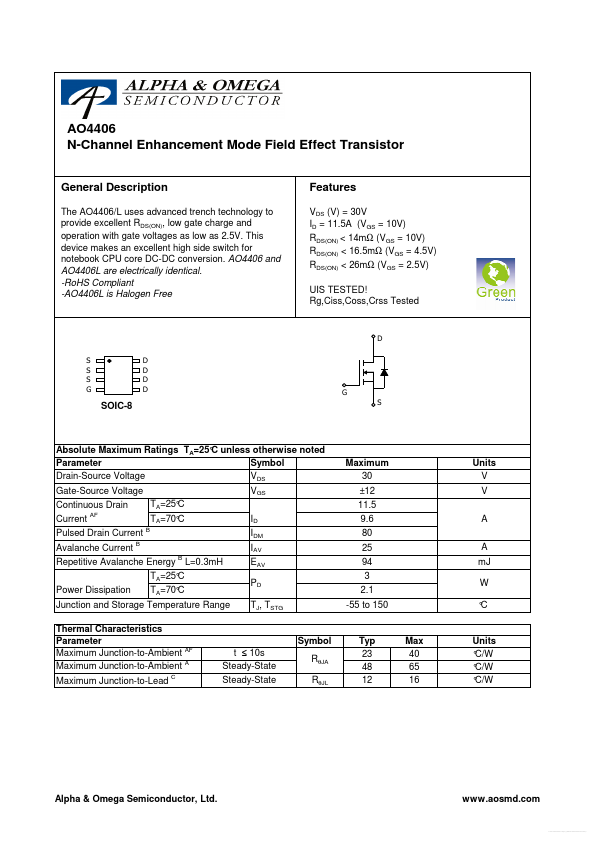 AO4406 Alpha & Omega Semiconductors