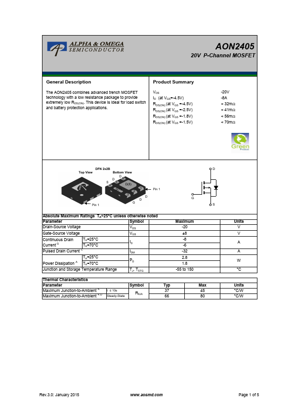 AON2405 Alpha & Omega Semiconductors
