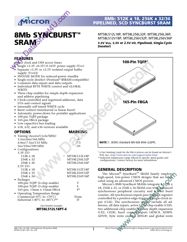 MT58L256V32P Micron Semiconductor