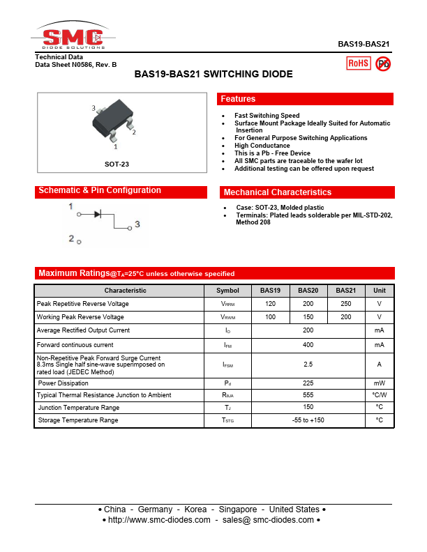 BAS19 DIODE Datasheet pdf - SWITCHING DIODE. Equivalent, Catalog