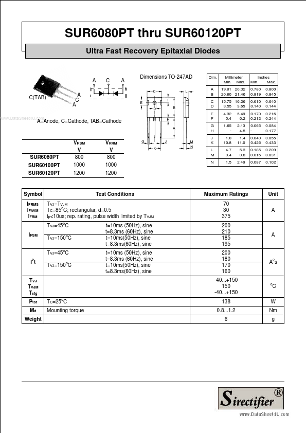SUR60100PT Sirectifier Semiconductors