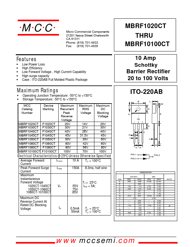 MBRF10100CT Micro Commercial Components