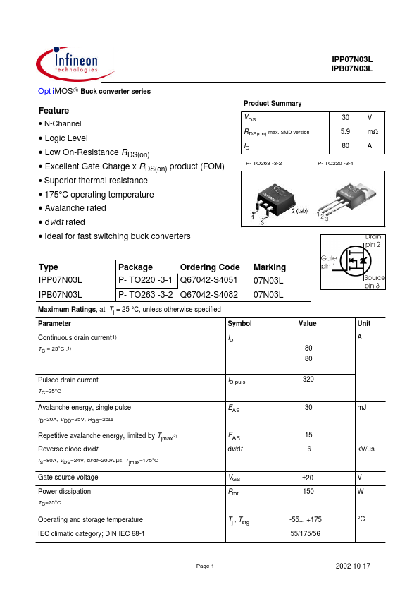 <?=IPP07N03L?> डेटा पत्रक पीडीएफ