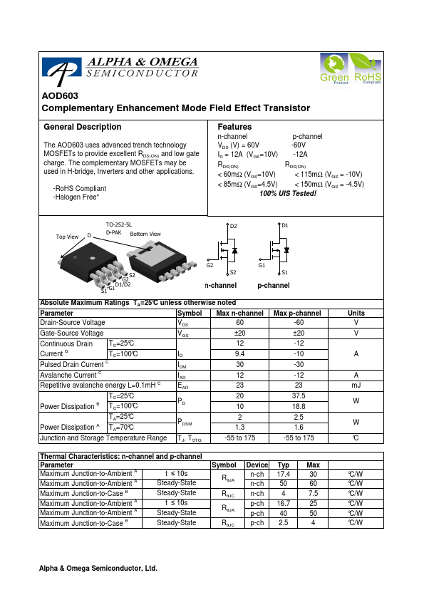 AOD603 Alpha & Omega Semiconductors