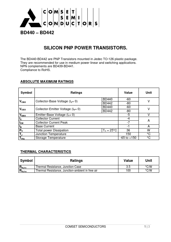 BD440 Comset Semiconductors