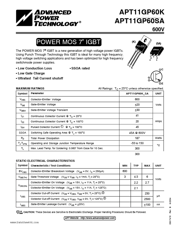 <?=APT11GP60K?> डेटा पत्रक पीडीएफ