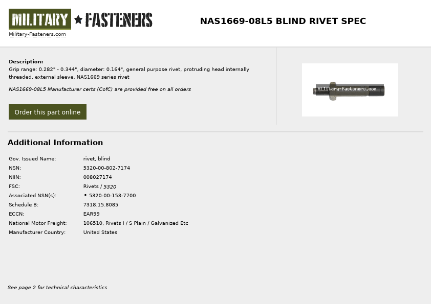 NAS1669-08L5 Military Fasteners