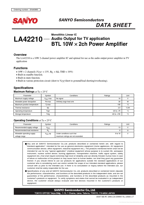 <?=LA42210?> डेटा पत्रक पीडीएफ