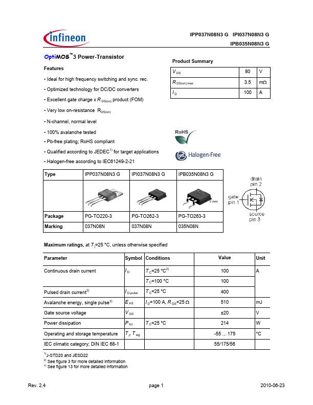 IPP037N08N3 Infineon