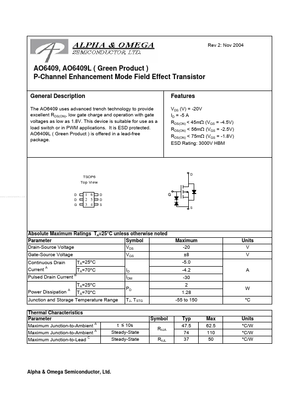 AO6409L Alpha & Omega Semiconductors