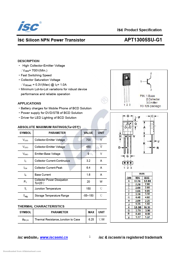 APT13005SU-G1 Transistor Datasheet pdf - Power Transistor. Equivalent,  Catalog