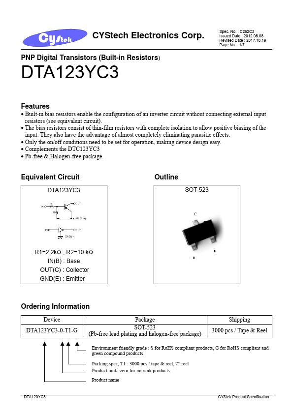 DTA123YC3 CYStech Electronics