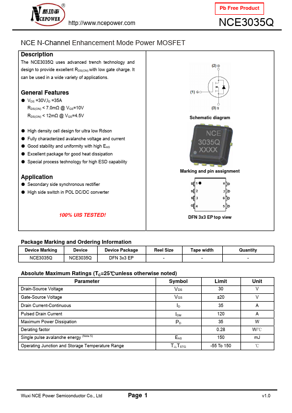 NCE3035Q NCE Power Semiconductor