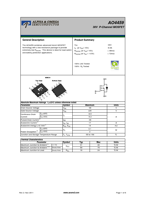 AO4459 Alpha & Omega Semiconductors