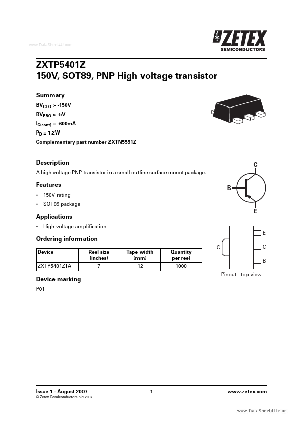 ZXTP5401Z Zetex Semiconductors