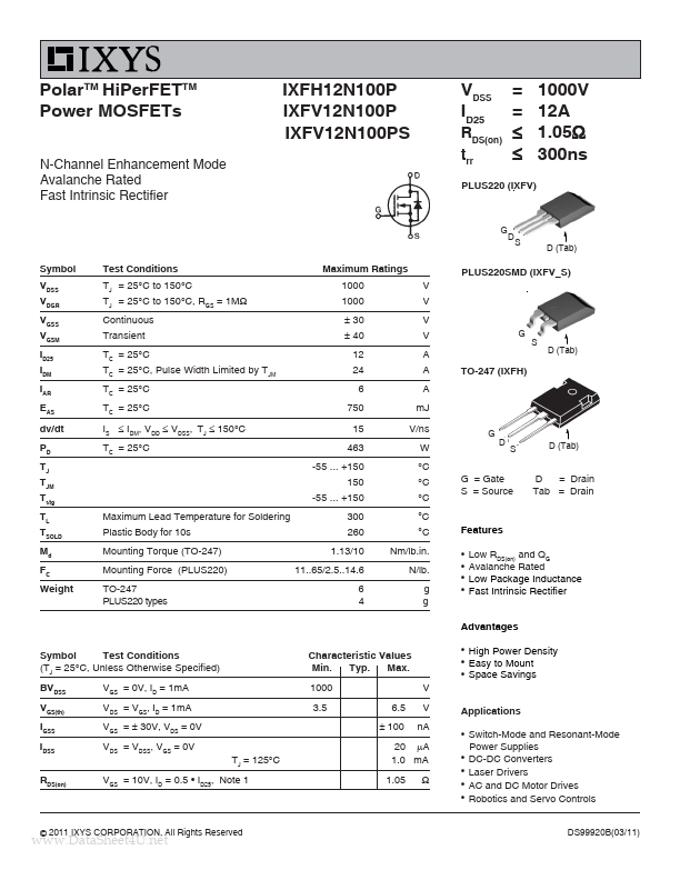 <?=IXFV12N100P?> डेटा पत्रक पीडीएफ