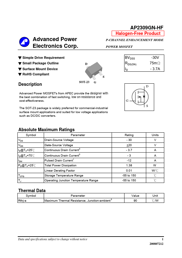 AP2309GN-HF Advanced Power Electronics