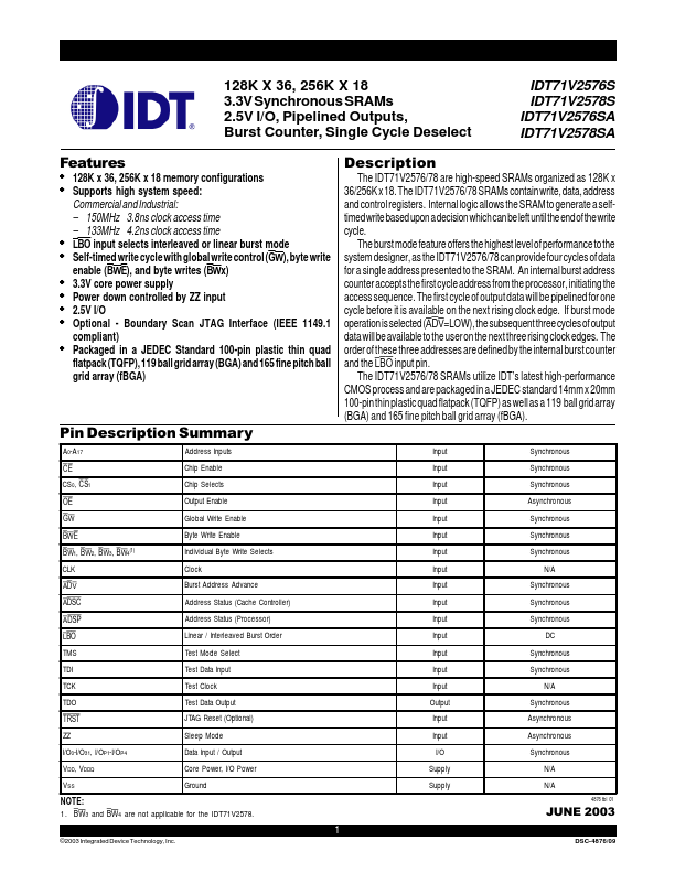 IDT71V2578SA Integrated Device Technology