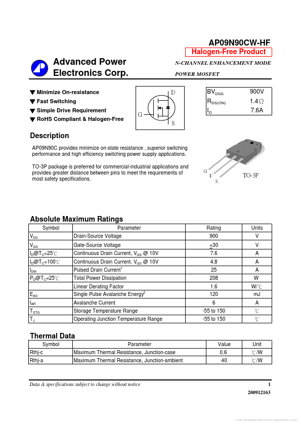 AP09N90CW-HF Advanced Power Electronics