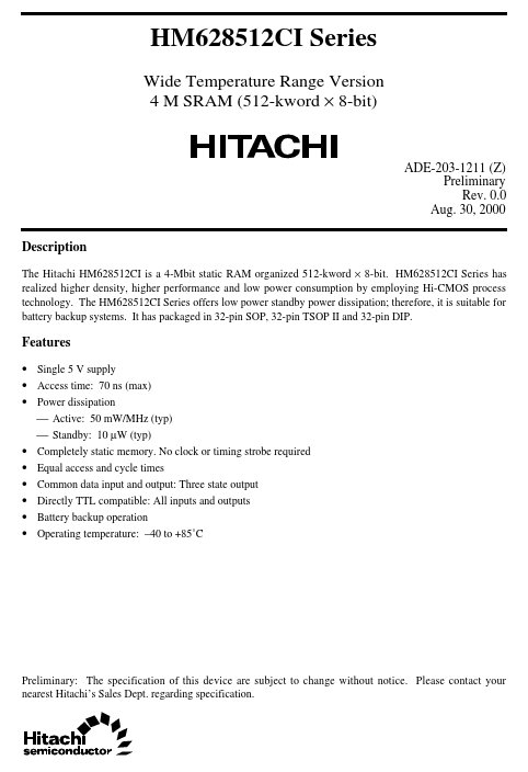 HM628512CI Hitachi Semiconductor