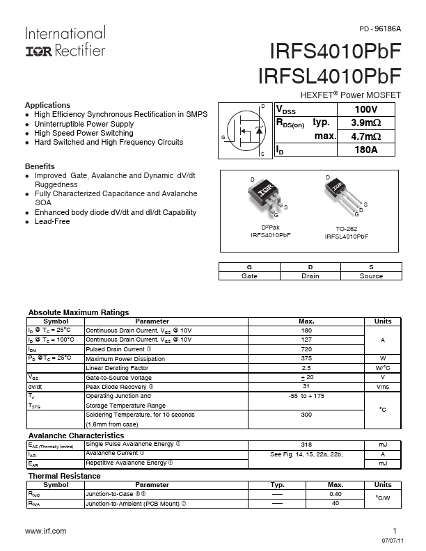 <?=IRFS4010PbF?> डेटा पत्रक पीडीएफ