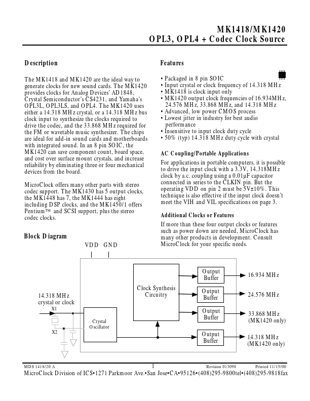 MK1418 Integrated Circuit Systems