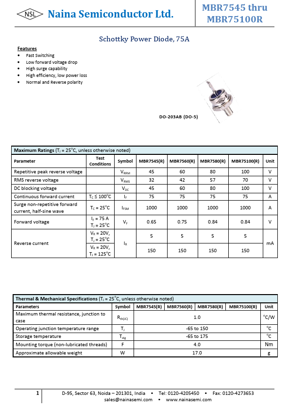 MBR7580R Naina Semiconductor