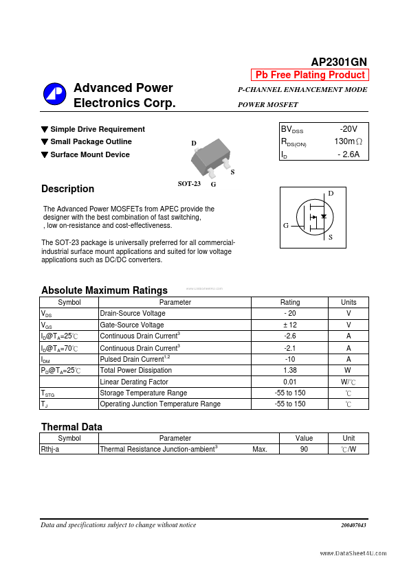 AP2301GN Advanced Power Electronics