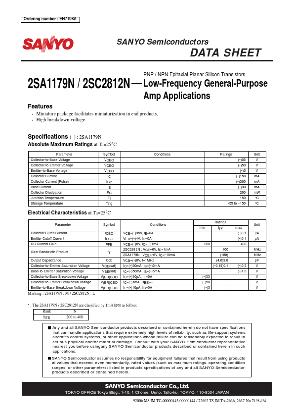 2SA1179N Sanyo Semicon Device