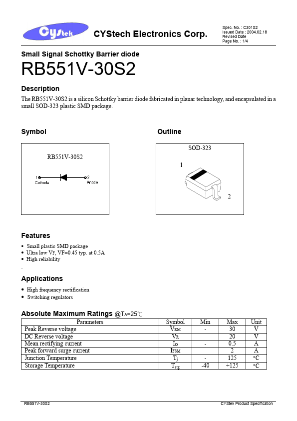 RB551V-30S2 Cystech Electonics