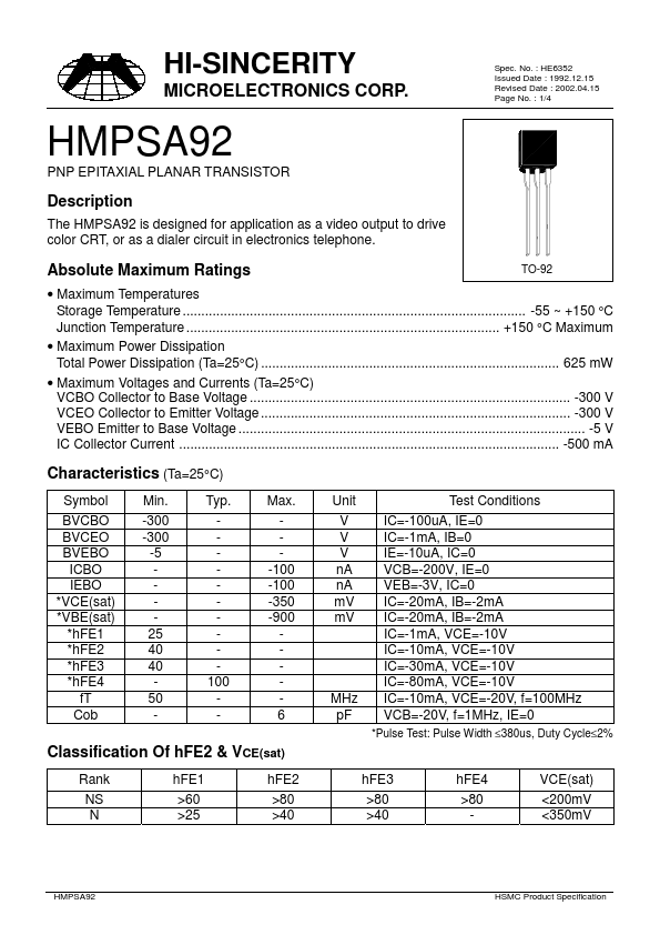 HMPSA92 Hi-Sincerity Mocroelectronics