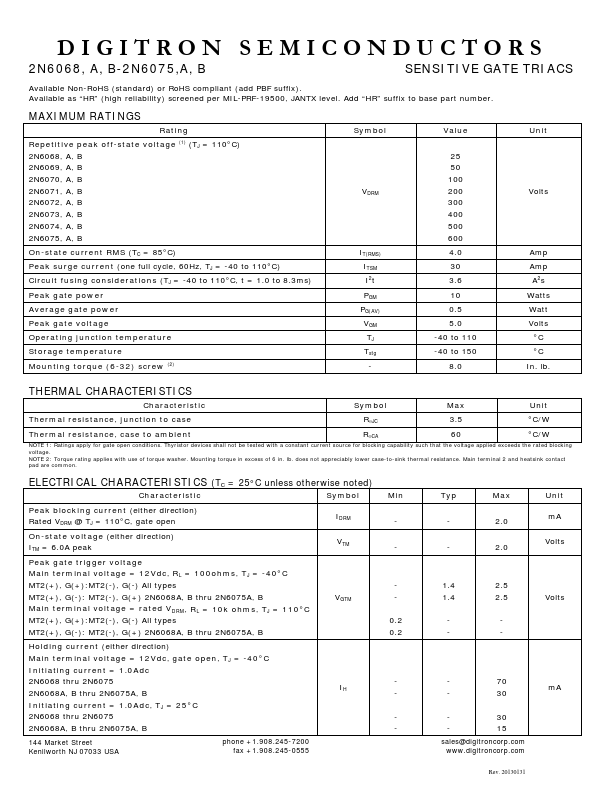 2N6071A Digitron Semiconductors