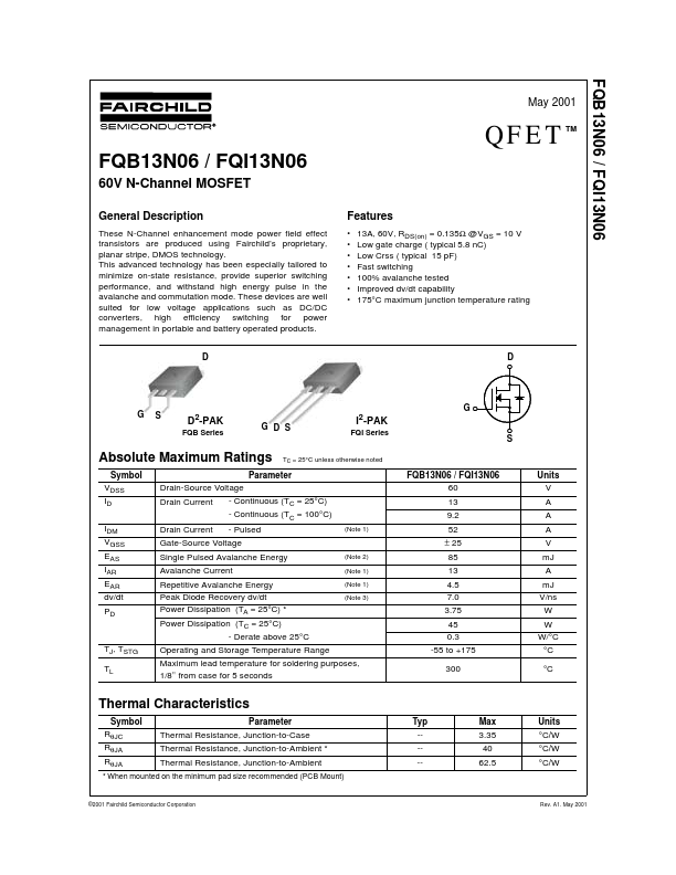 FQB13N06 Fairchild Semiconductor