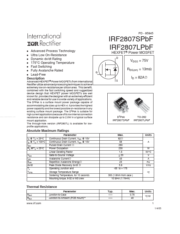 IRF2807LPbF International Rectifier