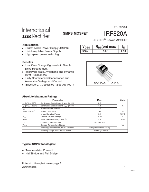 <?=IRF820A?> डेटा पत्रक पीडीएफ