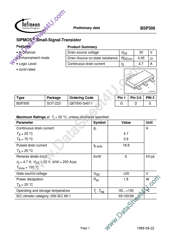 BSP308 Infineon Technologies