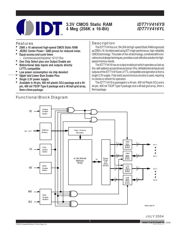 IDT71V416YS Integrated Device Technology