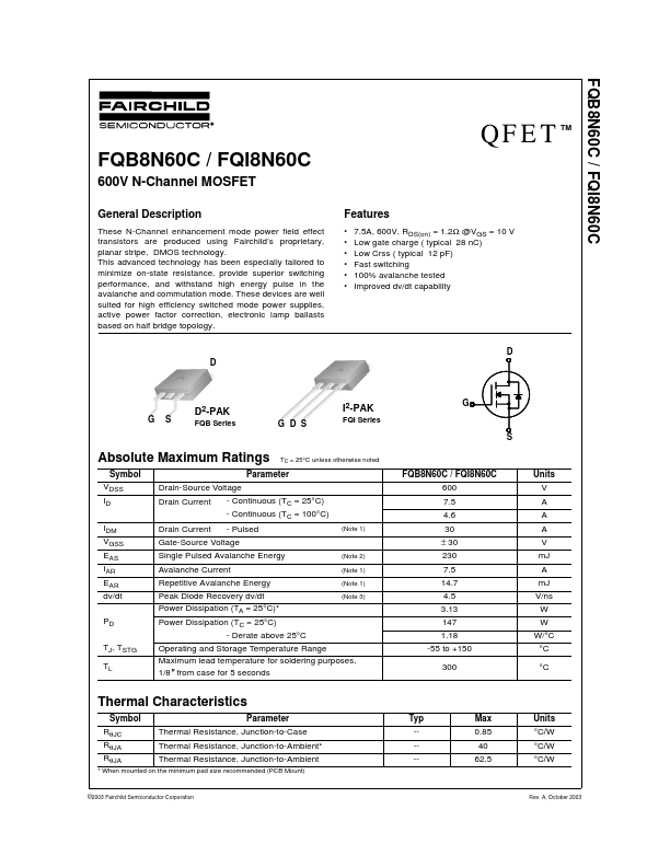 FQI8N60C Fairchild Semiconductor