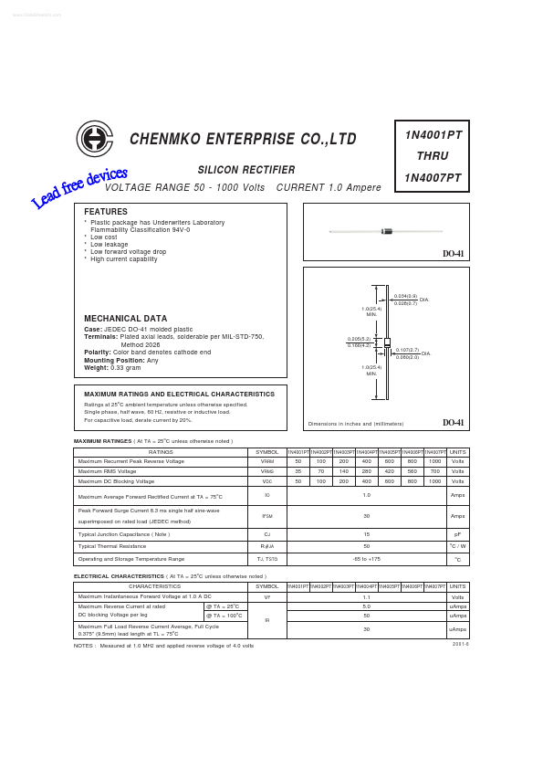 <?=1N4006PT?> डेटा पत्रक पीडीएफ