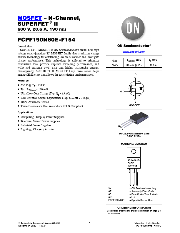 FCPF190N60E-F154 ON Semiconductor