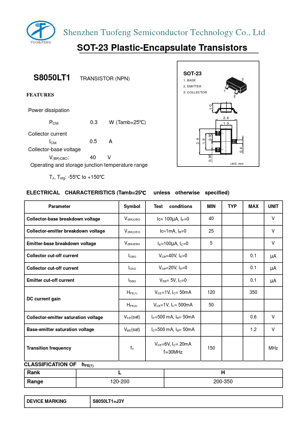 S8050LT1 Tuofeng Semiconductor