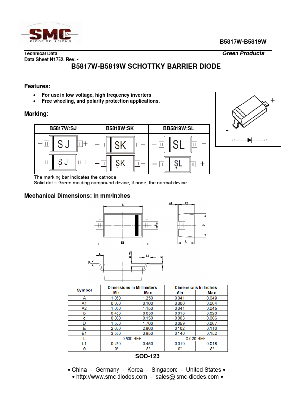 B5817W DIODE Datasheet pdf - BARRIER DIODE. Equivalent, Catalog