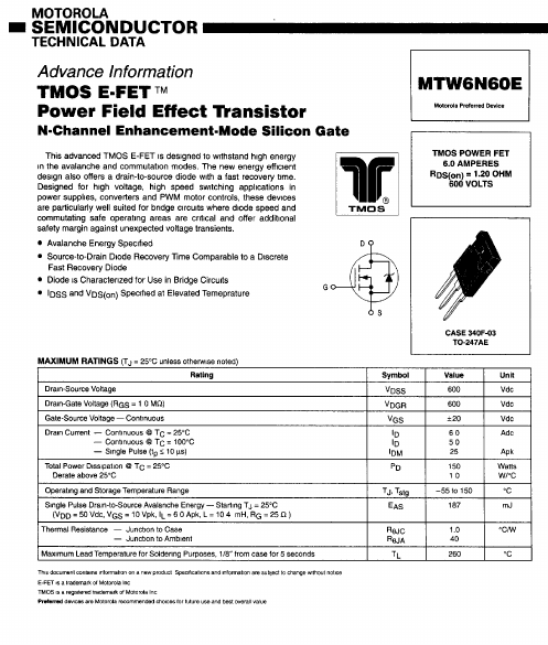 <?=MTW6N60E?> डेटा पत्रक पीडीएफ