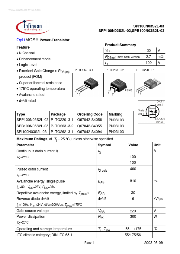 SPI100N03S2L-03 Infineon Technologies