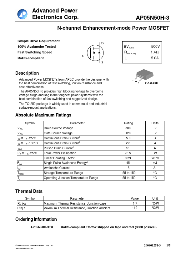 <?=AP05N50H-3?> डेटा पत्रक पीडीएफ