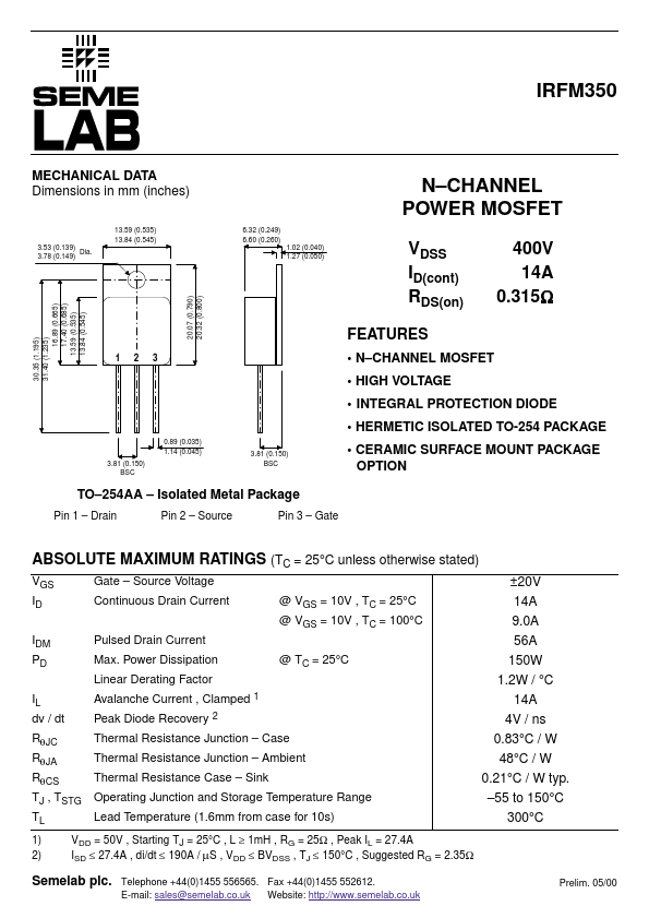 Irfm Data Sheet Seme Lab