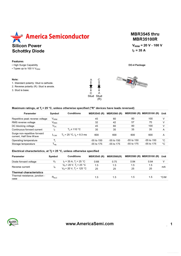 MBR3580R America Semiconductor