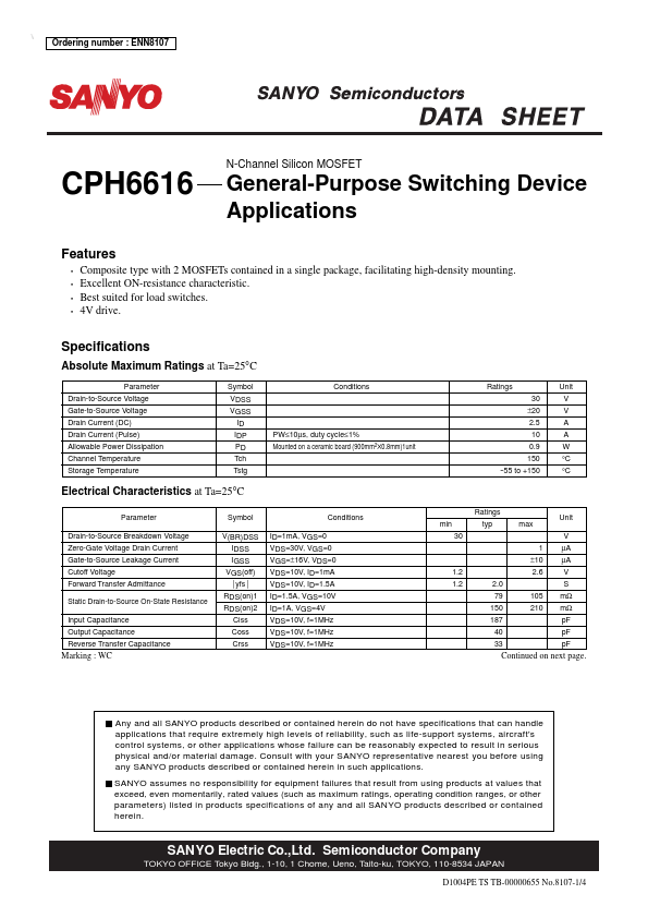 CPH6616 Sanyo Semicon Device