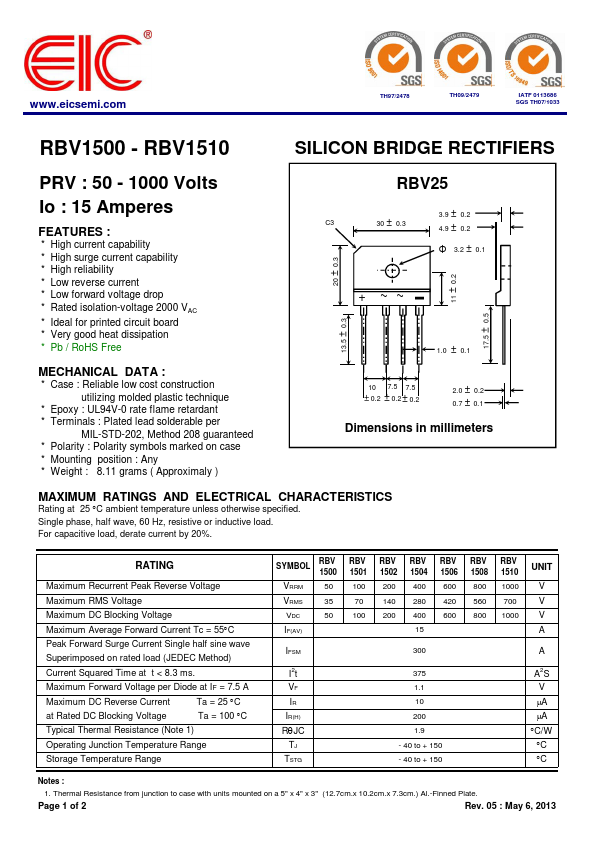 RBV1510 EIC discrete Semiconductors