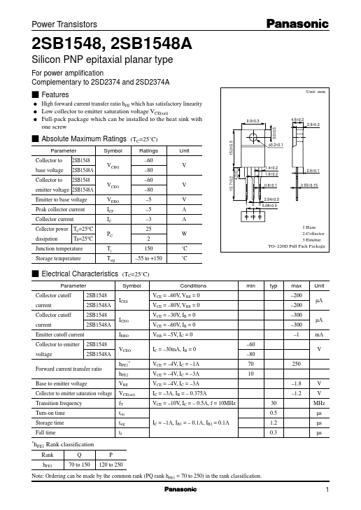 2SB1548A Panasonic Semiconductor